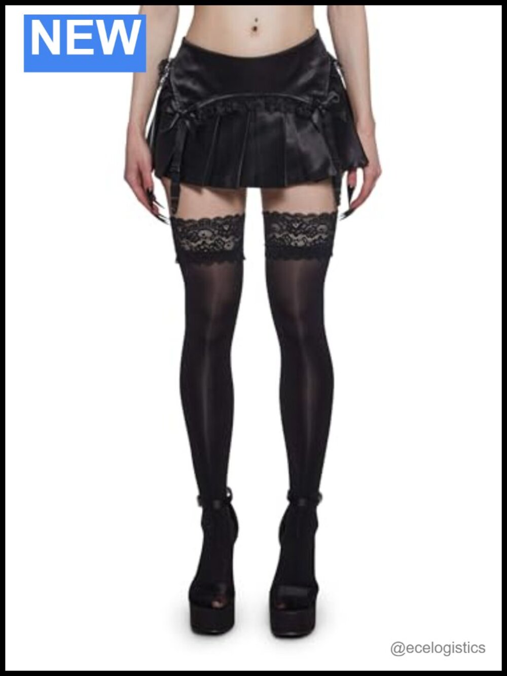 Pleater Garter Mini Skirt Satin Lace Trim Adjustable Straps Low Rise